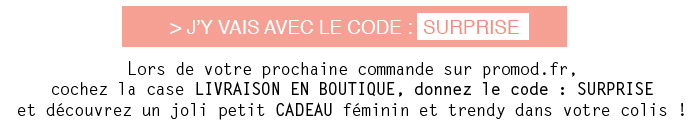Lors de votre prochaine commande sur promod.fr, 
cochez la case LIVRAISON EN BOUTIQUE, donnez le code : surprise 
et découvrez un joli petit cadeau féminin et trendy dans votre colis !
